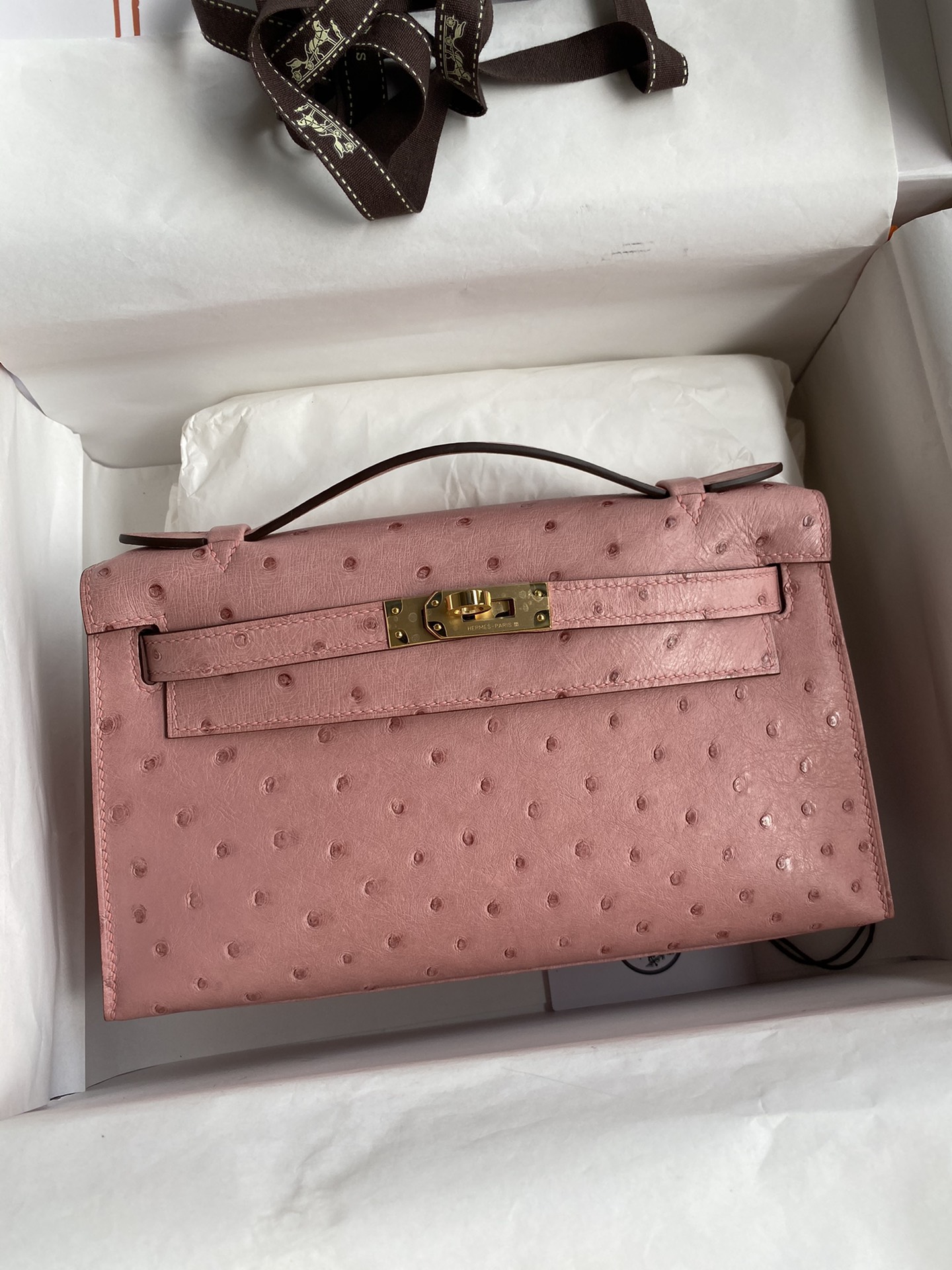 Hermes Mini Kelly Pochette 22cm Bag In Pink Ostrich Leather